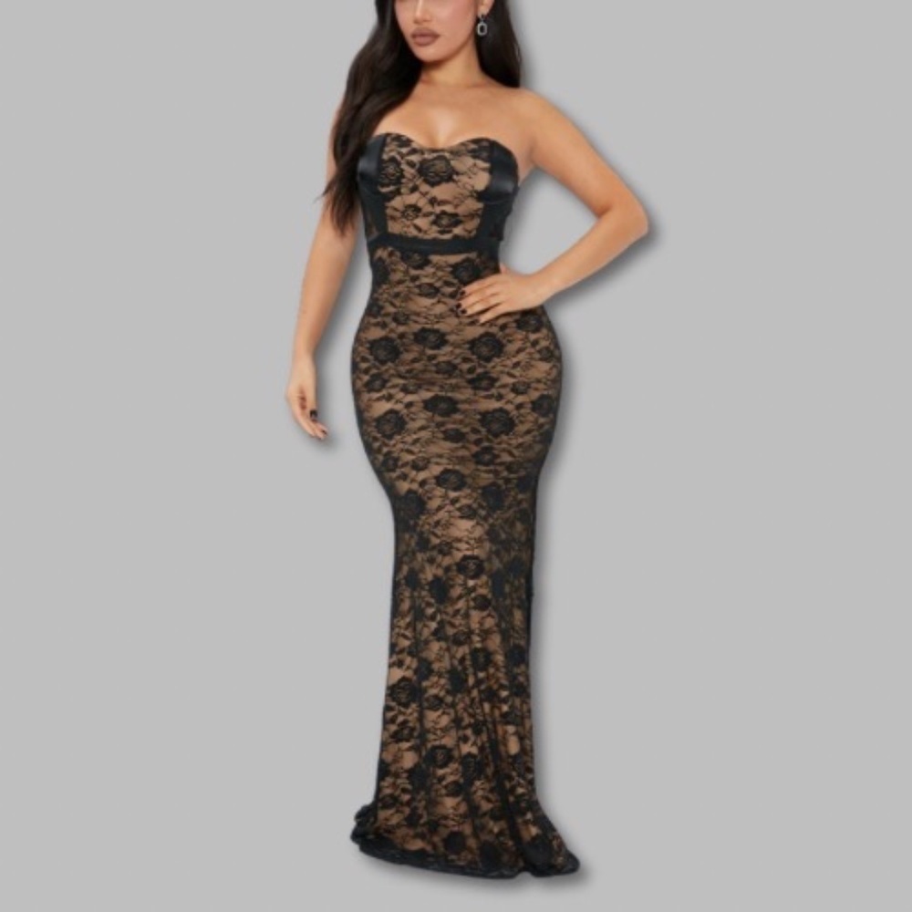 Floral Mermaid Tube Maxi Dress Mesh Lace Black/Nude Women's Medium